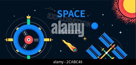 Space exploration - colorful flat design style web banner Stock Vector