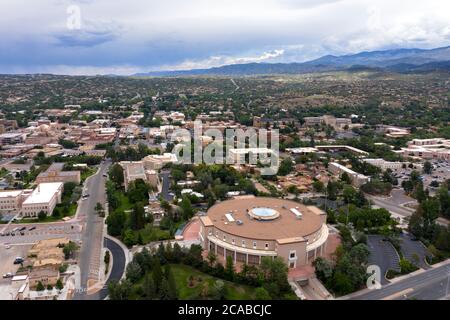 Aerial view above the State Capitol building and city of Santa Fe, New Mexico Stock Photo