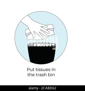 Put tissues in the trash bin sign. Facial Tissues In Garbage Bin. Tissues and Trash Box. new dustbin rule. hand throwing tissue. keep clean Stock Vector