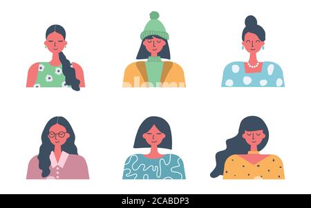 People icons. Six different portraits of women in flat design. Different hair styling and clothing. Vector illustration Stock Vector