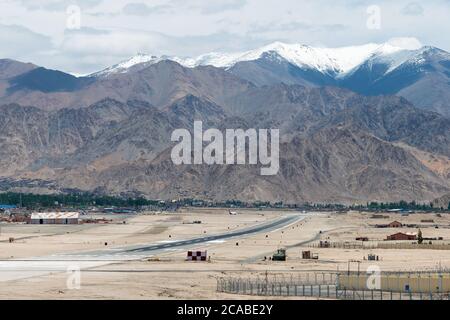 Ladakh, India - Leh airport (Kushok Bakula Rimpochee Airport) view from Spituk Monastery in Ladakh, Jammu and Kashmir, India. Stock Photo