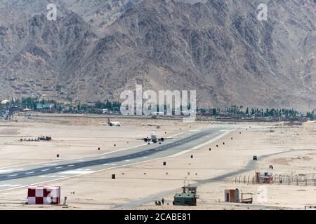 Ladakh, India - Leh airport (Kushok Bakula Rimpochee Airport) view from Spituk Monastery in Ladakh, Jammu and Kashmir, India. Stock Photo