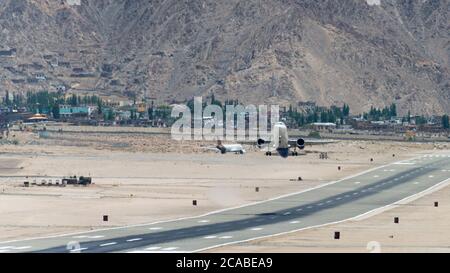 Ladakh, India - Leh airport (Kushok Bakula Rimpochee Airport) view from Spituk Monastery in Ladakh, Jammu and Kashmir, India. Stock Photo