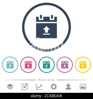 Upload schedule data flat color icons in round outlines. 6 bonus icons included. Stock Vector