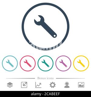 Single wrench flat color icons in round outlines. 6 bonus icons included. Stock Vector