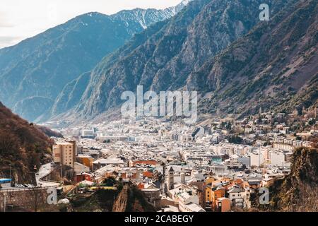The city of Andorra la Vella, capital of Andorra, located in the Gran Valira valley in the south side of the Pyrenees Stock Photo