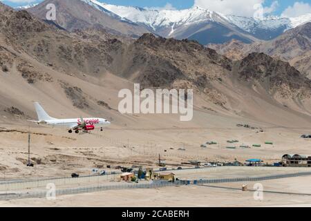 Spicejet Boeing 737 on final approach to Leh airport (Kushok Bakula Rimpochee Airport) view from Spituk Monastery in Ladakh, Jammu and Kashmir, India. Stock Photo