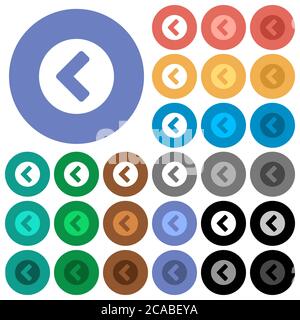 Chevron left multi colored flat icons on round backgrounds. Included white, light and dark icon variations for hover and active status effects, and bo Stock Vector