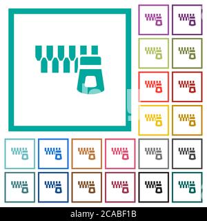 Horizontal zipper flat color icons with quadrant frames on white background Stock Vector