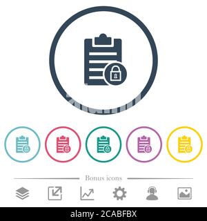 Note lock flat color icons in round outlines. 6 bonus icons included. Stock Vector