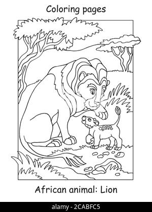 Vector coloring pages with cute lion family in african area. Cartoon contour illustration isolated on white background. Stock illustration for colorin Stock Vector