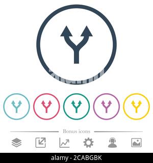 Split arrows up flat color icons in round outlines. 6 bonus icons included. Stock Vector