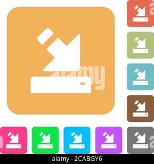 Import to device flat icons on rounded square vivid color backgrounds. Stock Vector