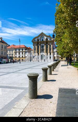 Ljubljana, Slovenia - August 15, 2019: Congress Square and the Ursulin Church of the Holy Trinity in Ljubljana Stock Photo