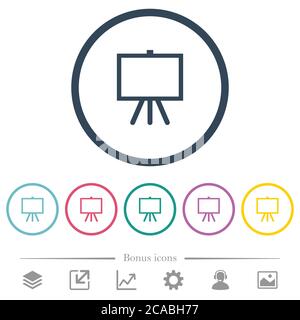 Easel with blank canvas flat color icons in round outlines. 6 bonus icons included. Stock Vector