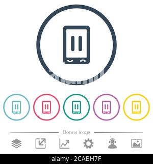 Mobile media pause flat color icons in round outlines. 6 bonus icons included. Stock Vector