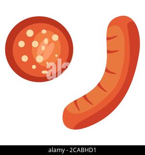 Fried bavarian sausage on white isolated backdrop. Barbeque meat for invitation or gift card, notebook, grill bar logo, scrapbook. Phone case or cloth Stock Vector