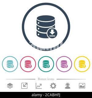 Backup database flat color icons in round outlines. 6 bonus icons included. Stock Vector