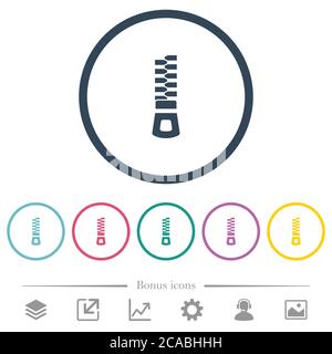 Vertical zipper flat color icons in round outlines. 6 bonus icons included. Stock Vector