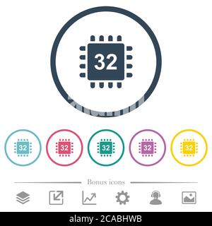 Microprocessor 32 bit architecture flat color icons in round outlines. 6 bonus icons included. Stock Vector