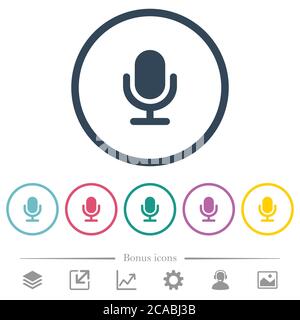 Single microphone flat color icons in round outlines. 6 bonus icons included. Stock Vector