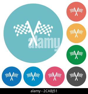 Two chequered flags flat white icons on round color backgrounds Stock Vector