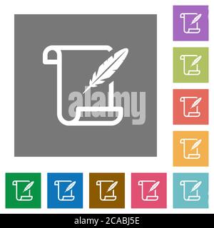 Paper scroll with feather flat icons on simple color square backgrounds Stock Vector