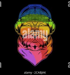 pug dog headphone colorful vector illustration for your company or brand Stock Vector