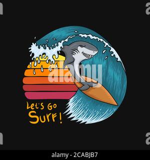 Shark Surfing sunset vector illustration for your company or brand Stock Vector