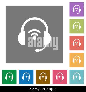Wireless headset flat icons on simple color square backgrounds Stock Vector
