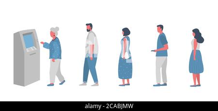 Queue to the ATM. People are waiting in line to withdraw money from an ATM. People icons. Vector illustration in flat style. Stock Vector