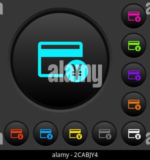 Yen credit card dark push buttons with vivid color icons on dark grey background Stock Vector