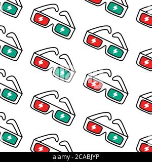 3D glasses seamless doodle pattern, vector color illustration Stock Vector