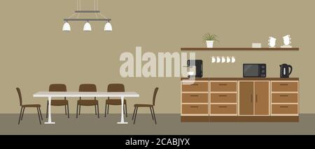 Office kitchen. Break room. Dining room in the office. There are kitchen cabinets, a table, chairs, a microwave, a black kettle and a coffee machine Stock Vector