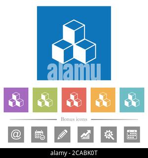 Cubes flat white icons in square backgrounds. 6 bonus icons included. Stock Vector