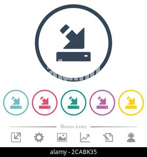 Import to device flat color icons in round outlines. 6 bonus icons included. Stock Vector