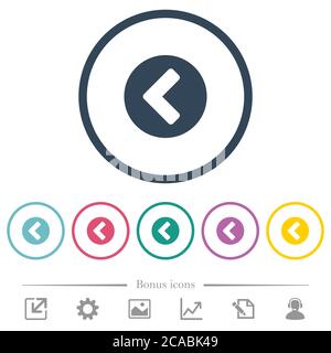 Chevron left flat color icons in round outlines. 6 bonus icons included. Stock Vector