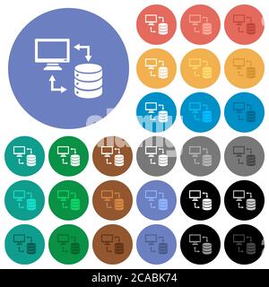 Syncronize data with database multi colored flat icons on round backgrounds. Included white, light and dark icon variations for hover and active statu Stock Vector