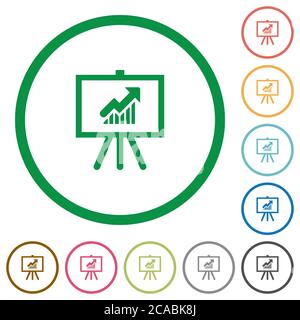 Presentation table with rising graph flat color icons in round outlines on white background Stock Vector