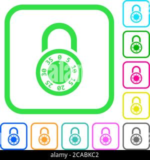 Locked round combination lock vivid colored flat icons in curved borders on white background Stock Vector