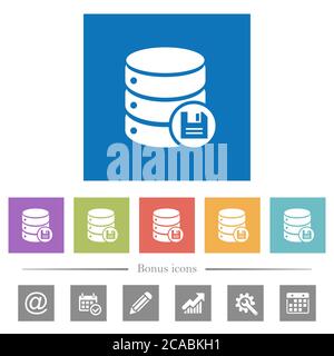 Database save flat white icons in square backgrounds. 6 bonus icons included. Stock Vector