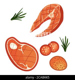 Fried steaks and rosemary sprig on white isolated backdrop. BBQ meat for invitation or gift card, notebook, grill bar logo, scrapbook. Phone case or c Stock Vector