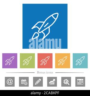 Launched rocket flat white icons in square backgrounds. 6 bonus icons included. Stock Vector