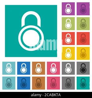 Locked round padlock multi colored flat icons on plain square backgrounds. Included white and darker icon variations for hover or active effects. Stock Vector