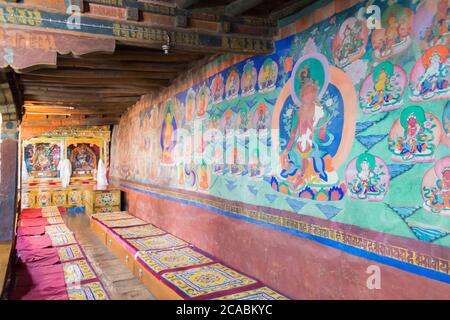 Ancient Mural at Thikse Monastery (Thikse  Gompa) in Ladakh, Jammu and Kashmir, India. The Monastery was originally built in 15th century. Stock Photo