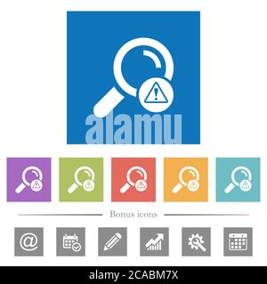 Search error flat white icons in square backgrounds. 6 bonus icons included. Stock Vector