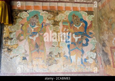 Ancient Mural at Thikse Monastery (Thikse  Gompa) in Ladakh, Jammu and Kashmir, India. The Monastery was originally built in 15th century. Stock Photo