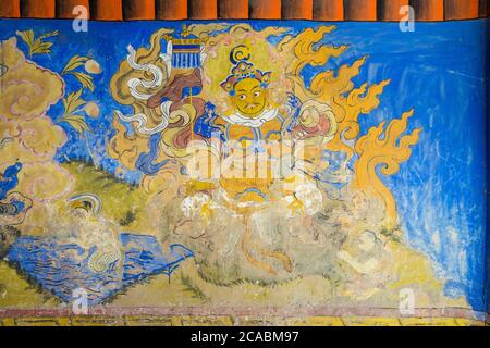 Ancient Mural at Thikse Monastery (Thikse  Gompa) in Ladakh, Jammu and Kashmir, India. The Monastery was originally built in 15th century. Stock Photo