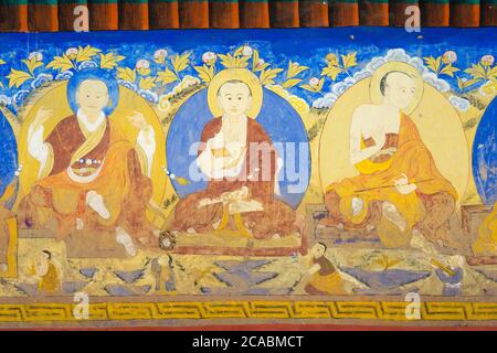 Ancient Mural at Thikse Monastery (Thikse  Gompa) in Ladakh, Jammu and Kashmir, India. The Monastery was originally built in 15th century. Stock Photo