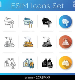Energy industry icons set. Linear, black and RGB color styles. Coal mining business. Wood burning, forestry. Biofuel manufacturing, eco friendly energ Stock Vector